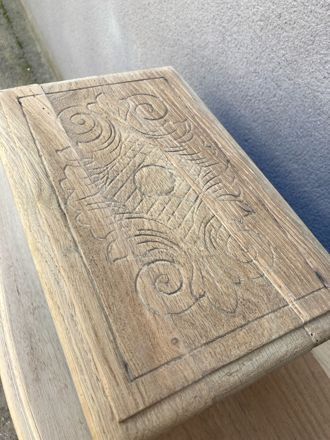 Small stool rustic raw oak sculpted top