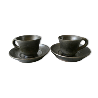 Set de 2 tasses en grès, signé, Hamel, poterie normande