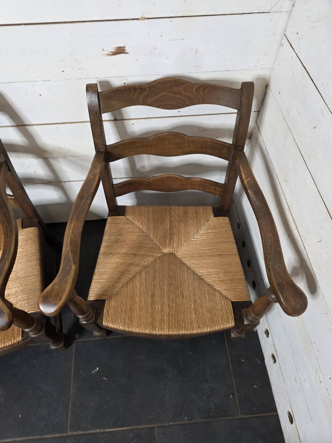 Pair of low beech armchairs