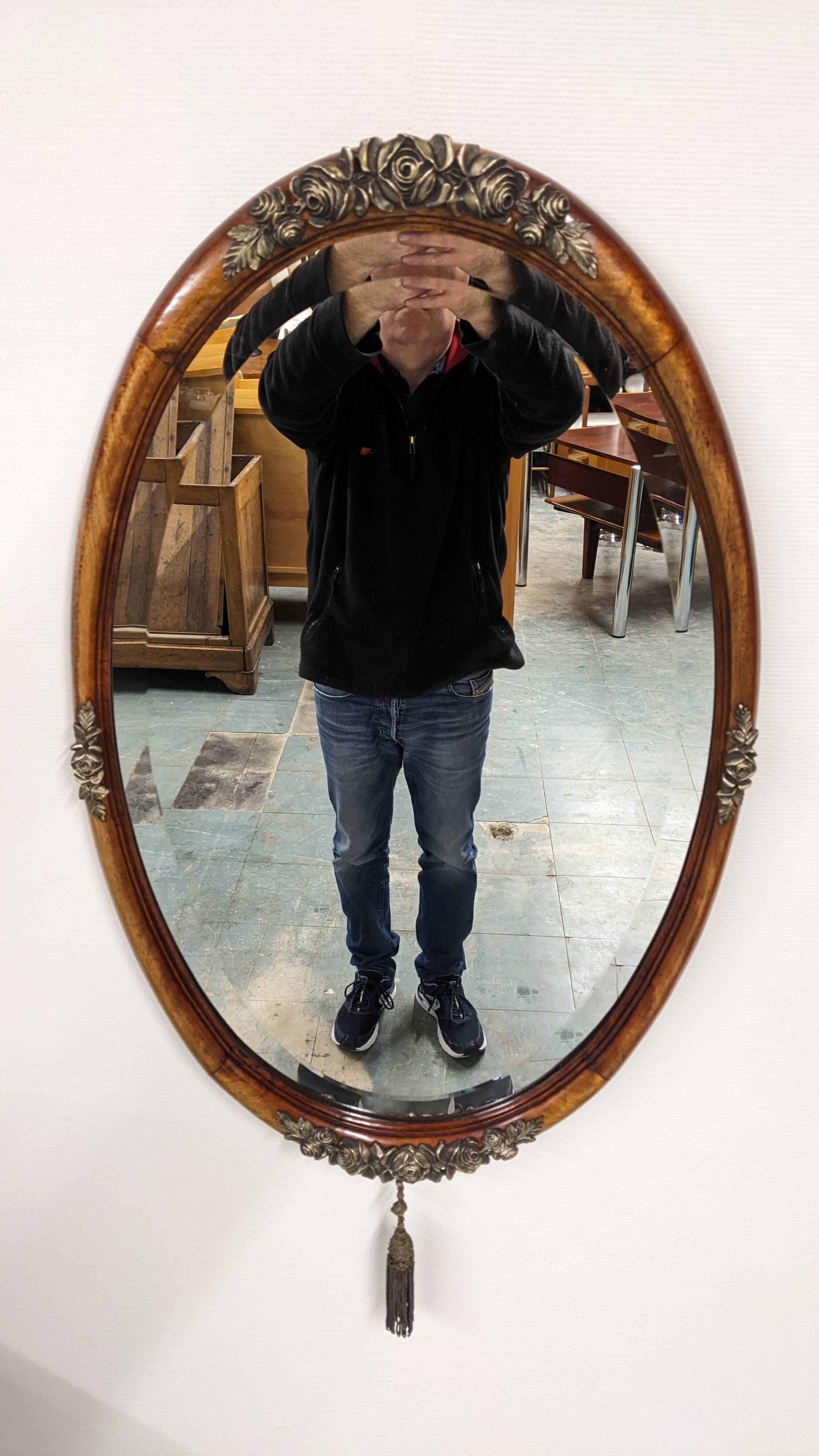 Art Deco Flamed Mahogany Oval Mirror Circa 1910