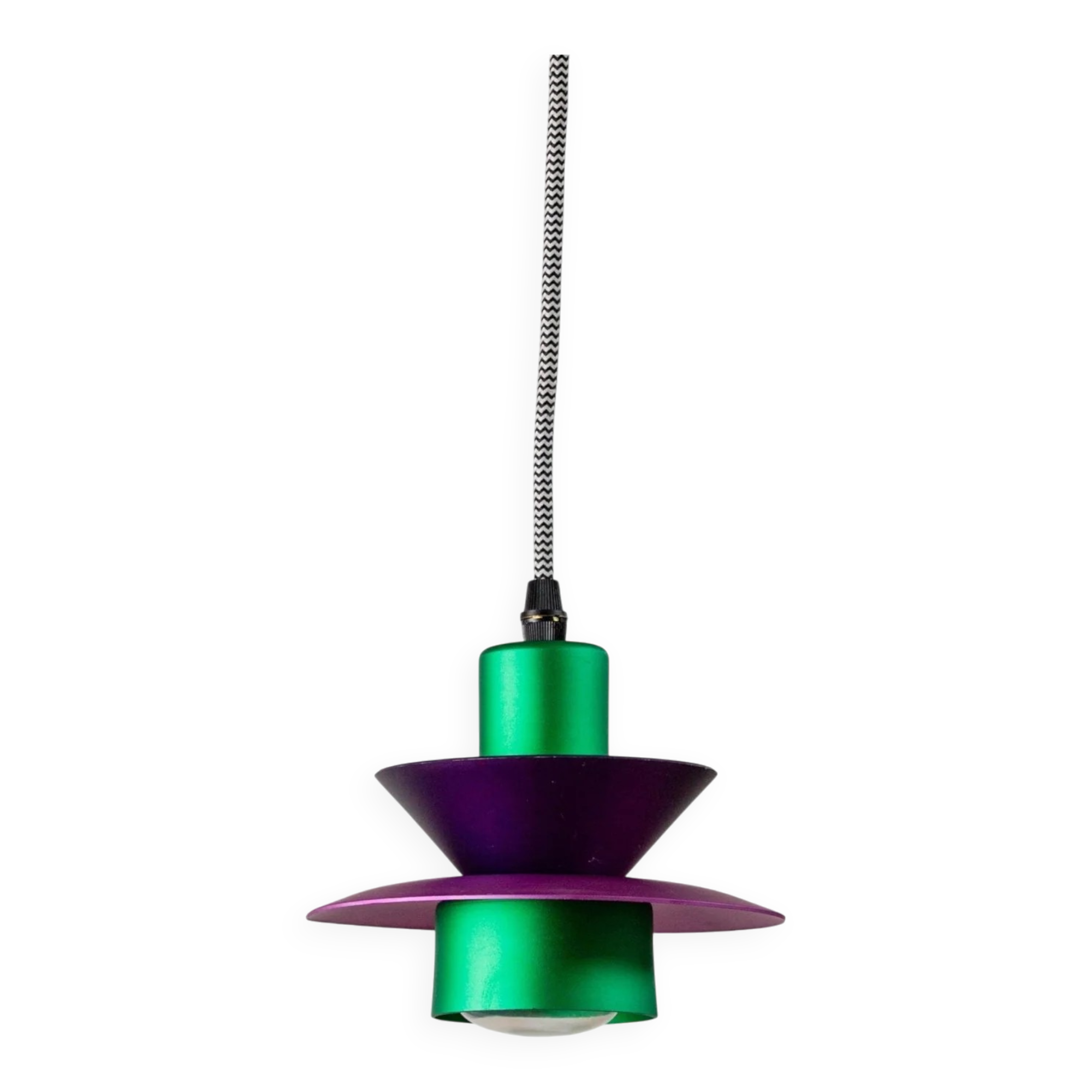 Vintage aluminum ceiling lamp in purple and green, Memphis/postmodern zigzag striped cable, bold pop-art pendant