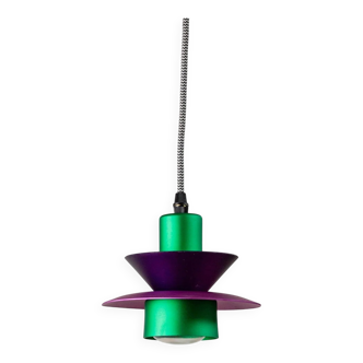 Vintage aluminum ceiling lamp in purple and green, Memphis/postmodern zigzag striped cable, bold pop-art pendant