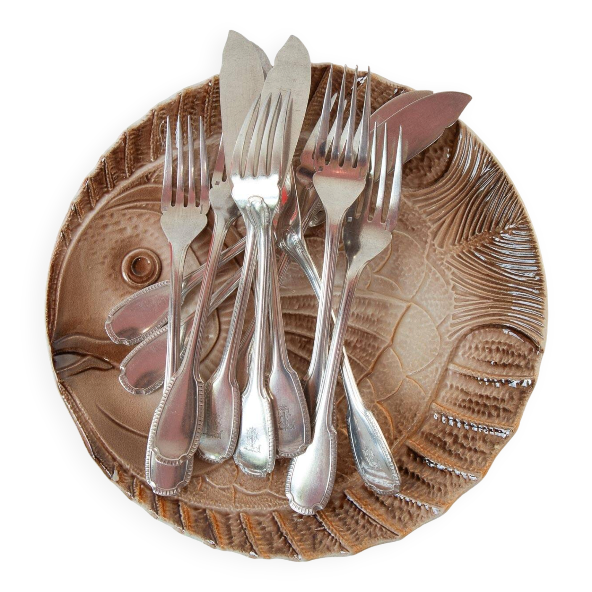 Fish cutlery for 6 Christofle Godrons initials E. L. circa 1910-20