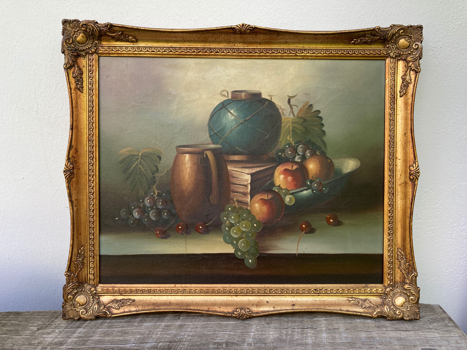 Painting on canvas still life old gilded wood frame / vintage fruit painting grape apple vase and jug