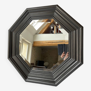 Octagonal beveled wooden mirror