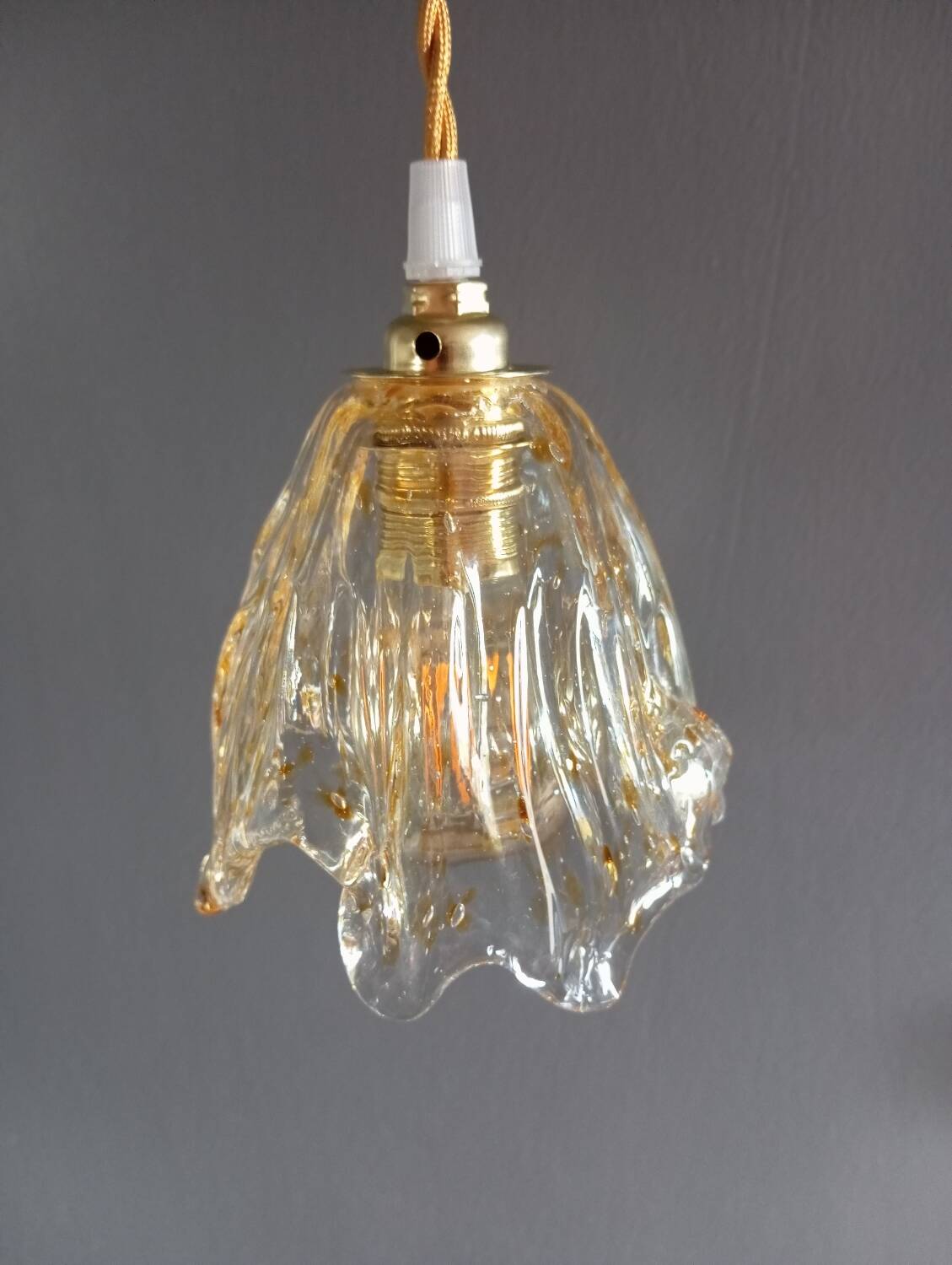 Pair of draped blown glass hanging lamps, ocher twisted wire