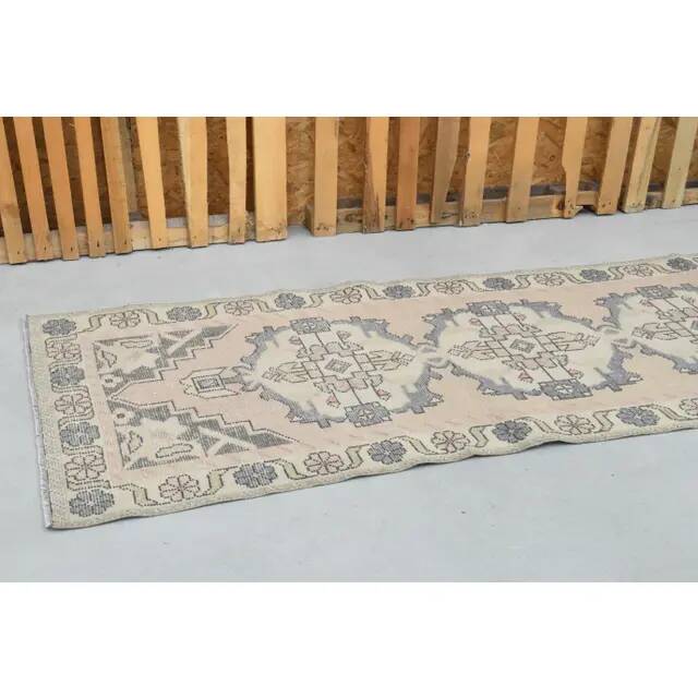 1970s vintage Turkish hand-knotted wool cotton beige runner rug 93x301