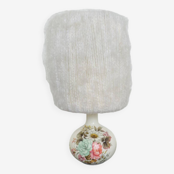Lampe à poser vintage 1970 céramique fleurie abat-jour laine
