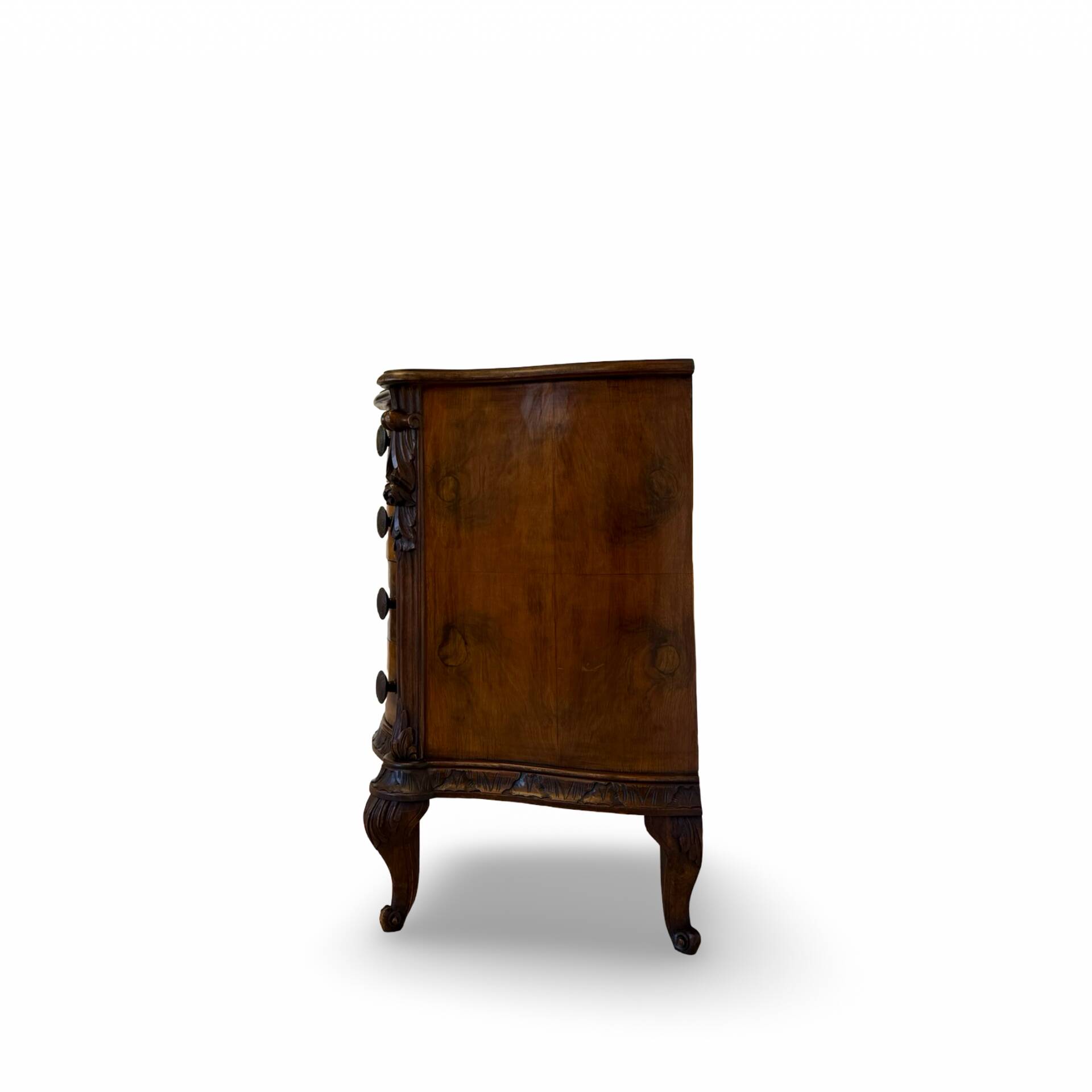 serpentine commode in antique walnut