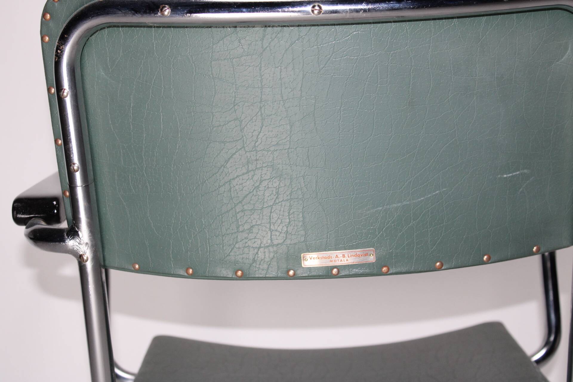 Vintage chrome and blue gray leather chair verkstads model motala 1950 sweden