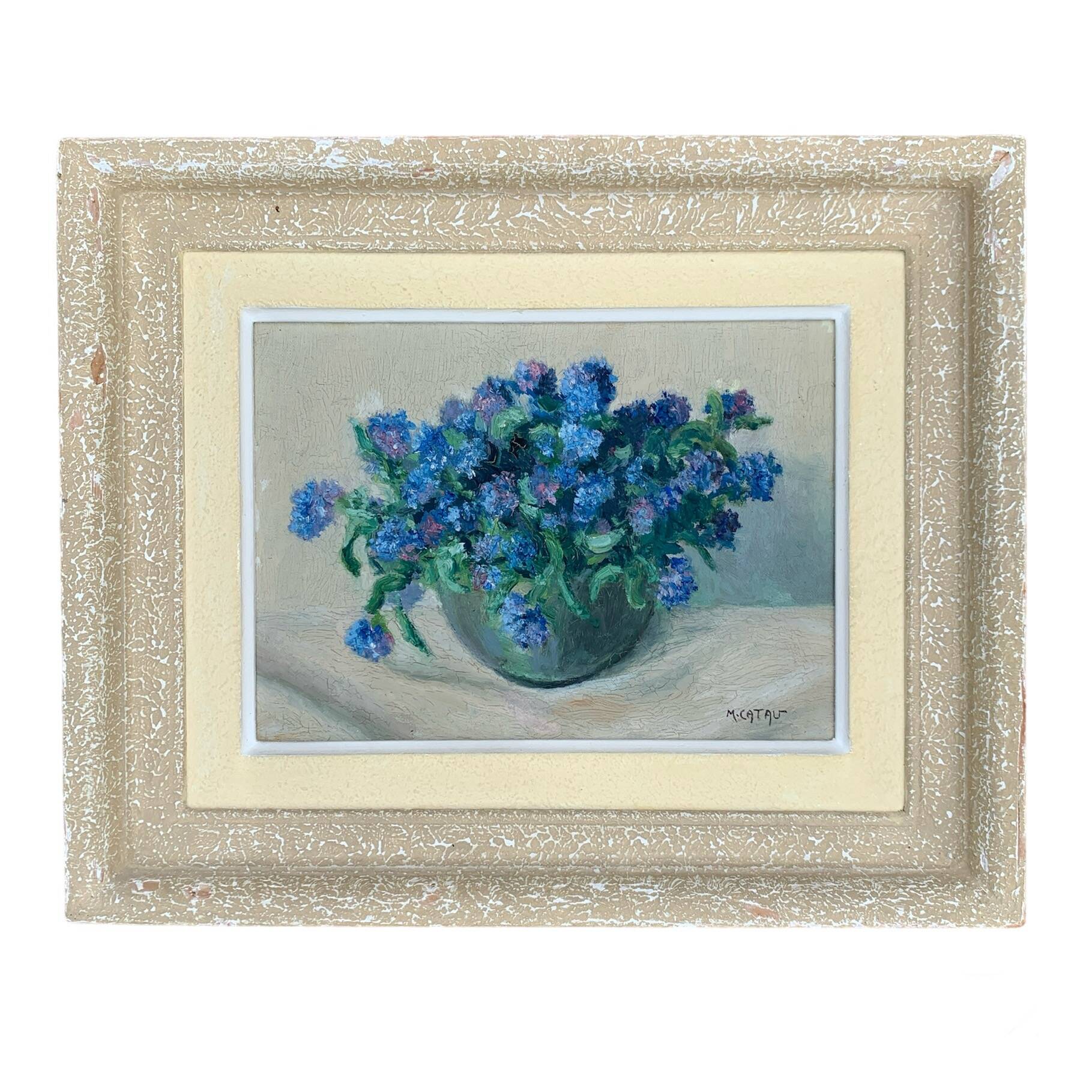 Table Painting on cardboard still life bouquet Maurice Catau Nancy 1954