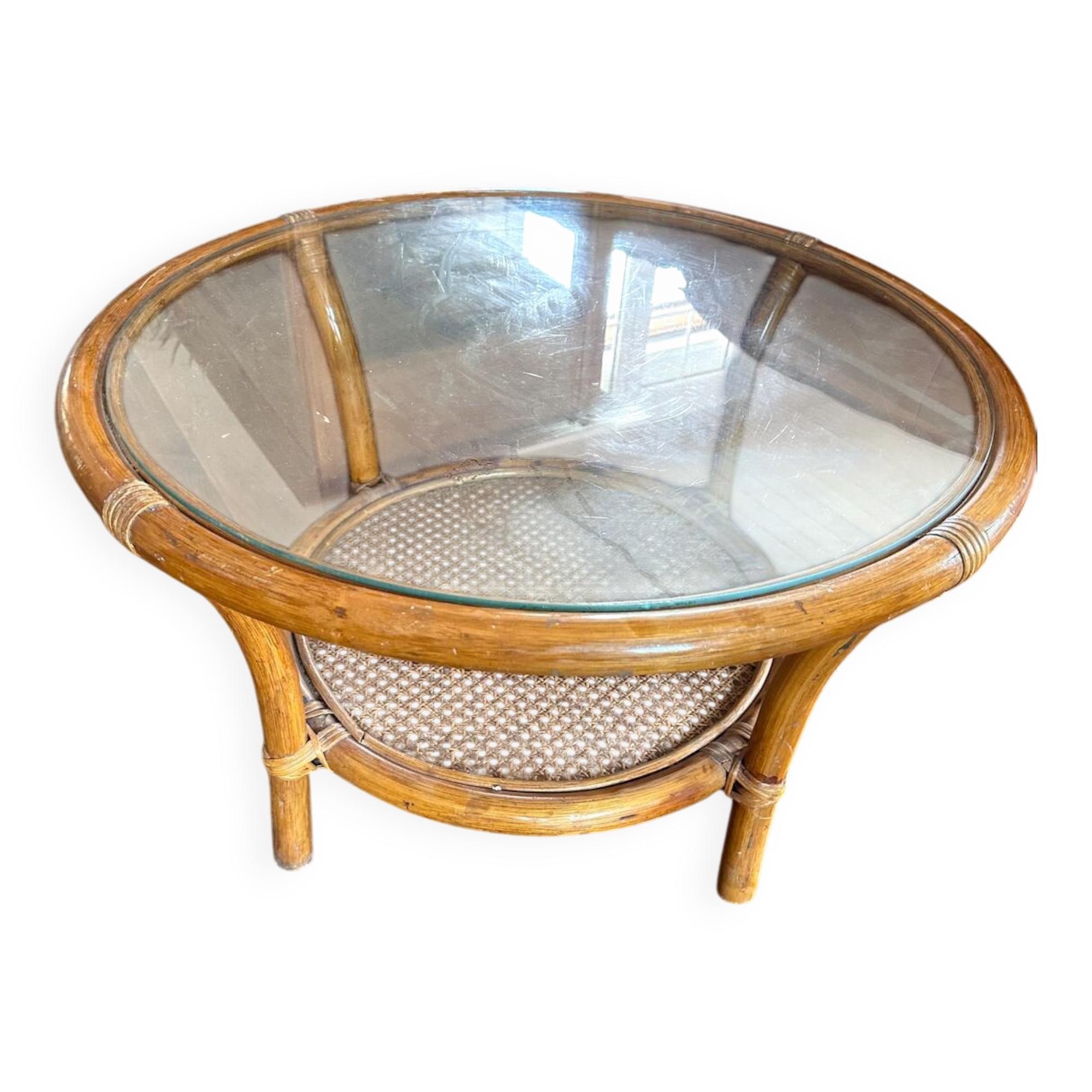 Vintage rattan and glass coffee table
