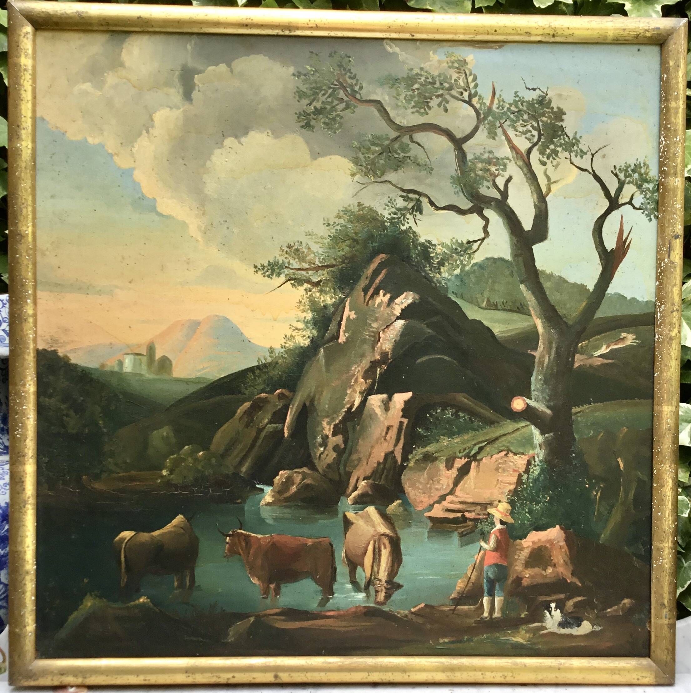 French school of the 18th century. Landscape with cows, oil on canvas.
