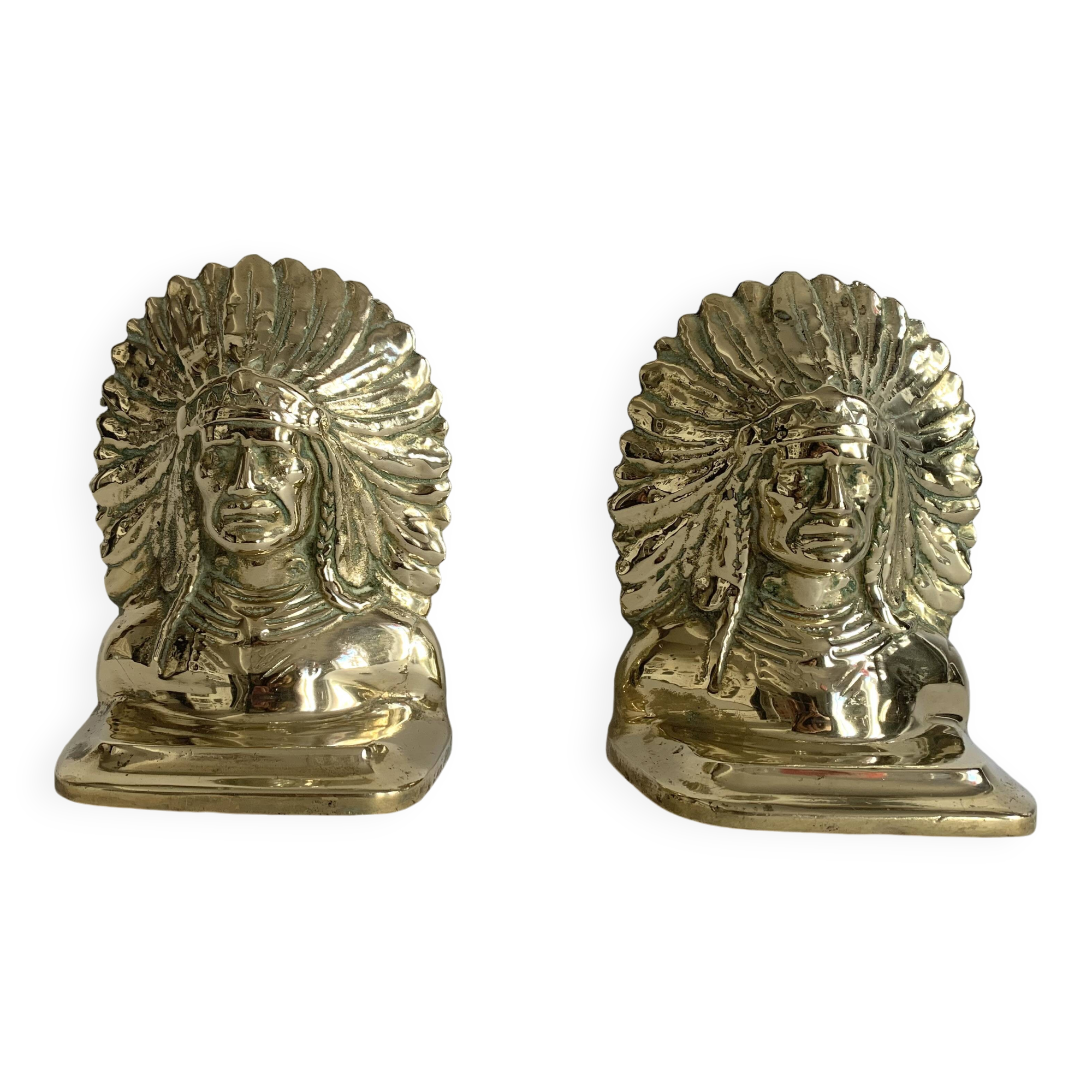 Serre-livres chef indien en laiton massif doré, 1970