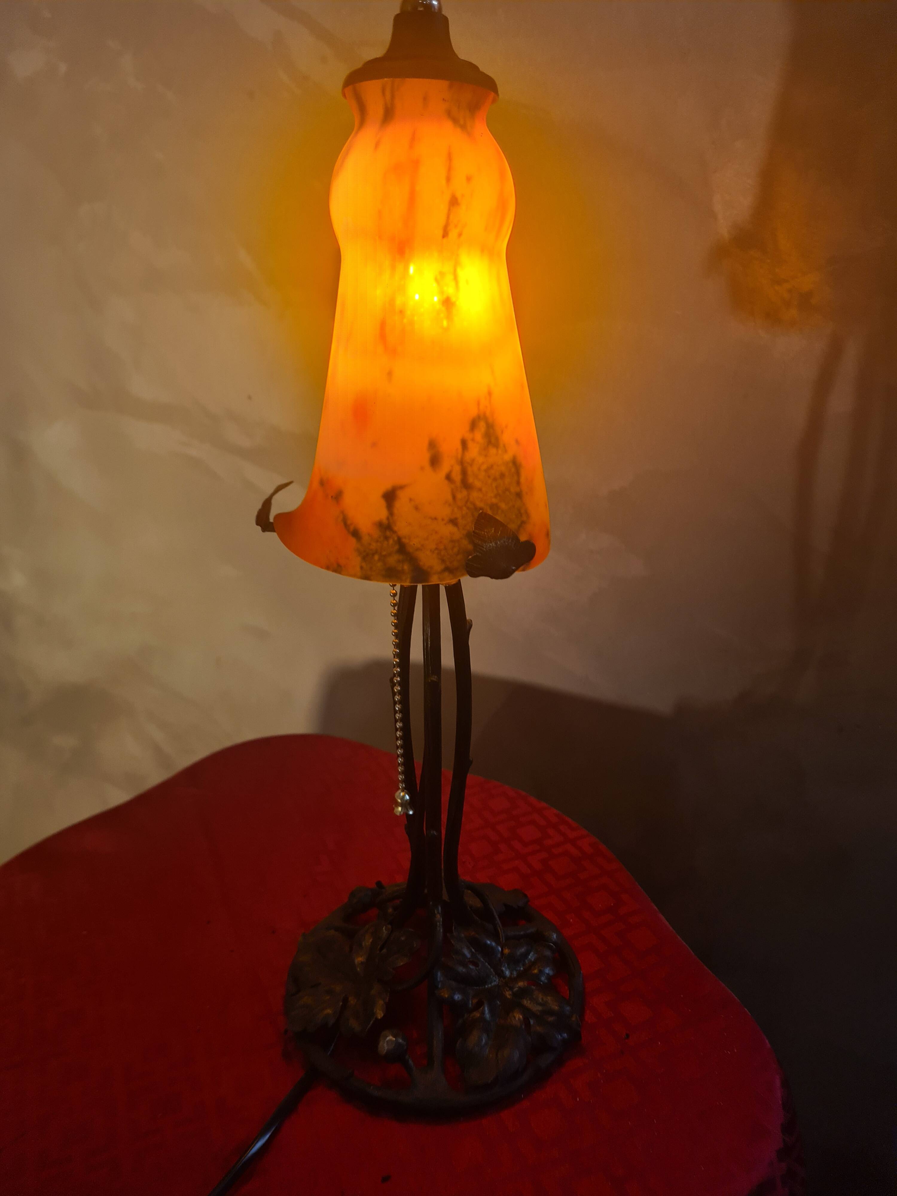 antique wrought iron lamp from 1900 at 40 with a very large glass paste shade 45