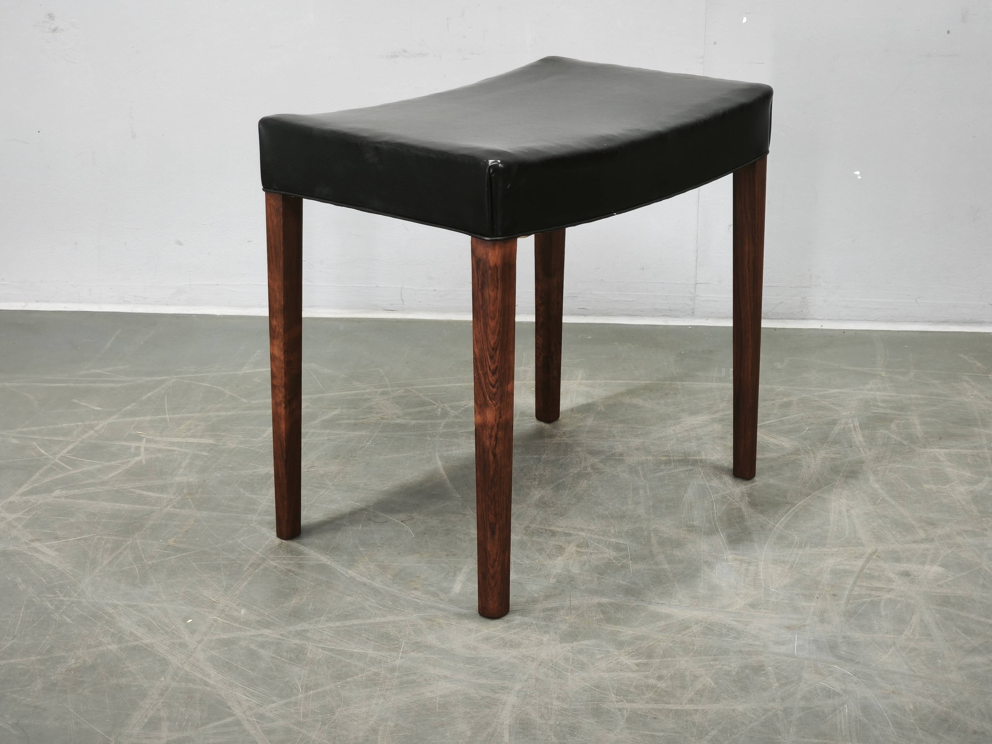 1960s Danish Modern Wood and Black Leather Stool