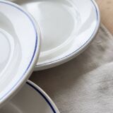 4 vintage Pyroblan Sarreguemines flat plates – Blue rim bistro style