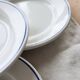 4 vintage Pyroblan Sarreguemines flat plates – Blue rim bistro style
