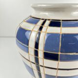 Vintage vase from the 50s, glazed earthenware, blue and white geometric decoration