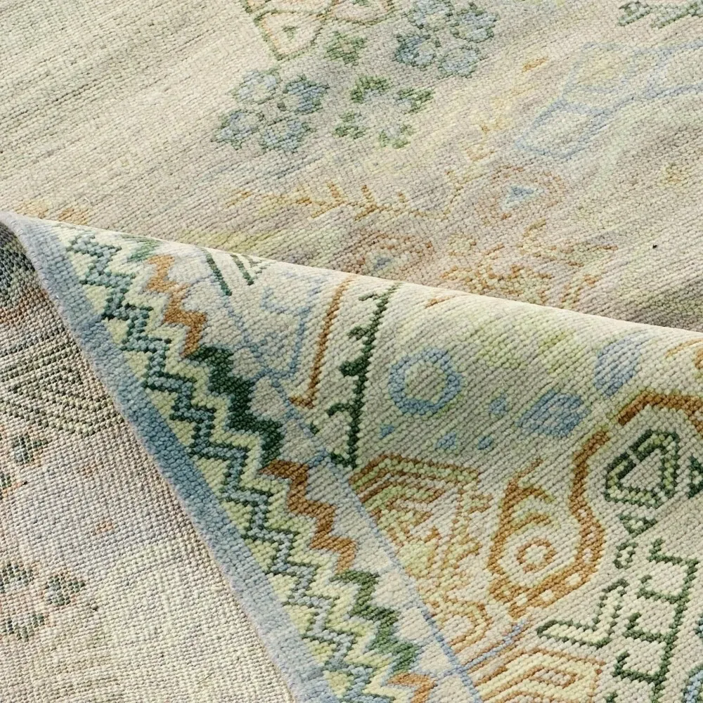 Hand-Knotted Wool Area Rug, Oushak Ivory Sage Green Design Carpet for Living Room