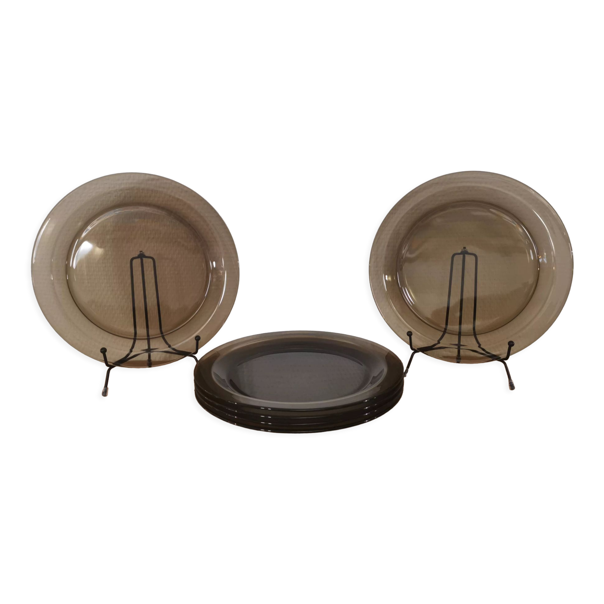 Set of 6 flat plates in smoked brown glass Vereco 70'S Vintage