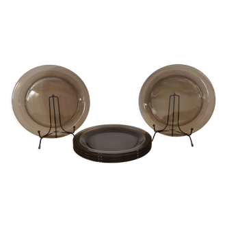 Set of 6 flat plates in smoked brown glass Vereco 70'S Vintage