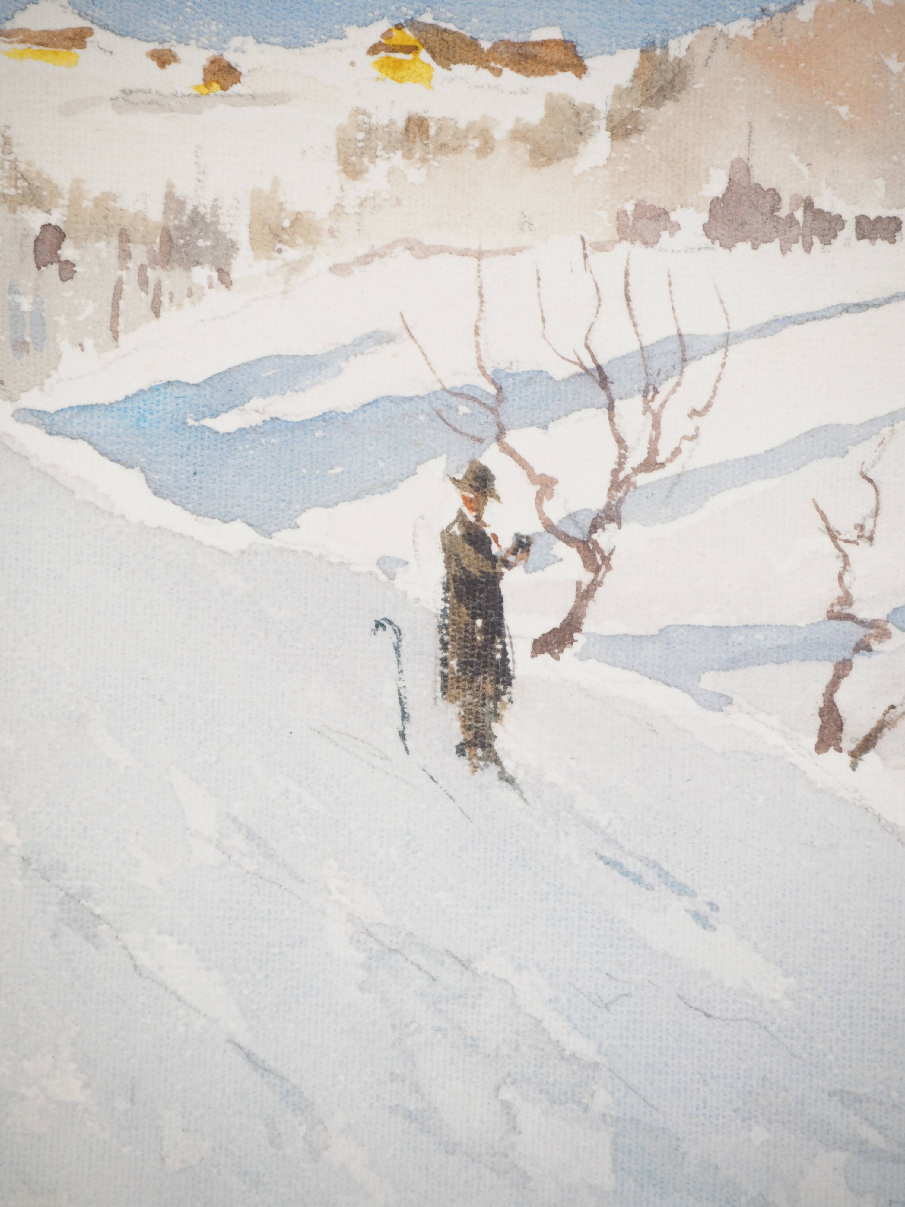 René leverd: switzerland, carriage ride in lagnau, original signed watercolor