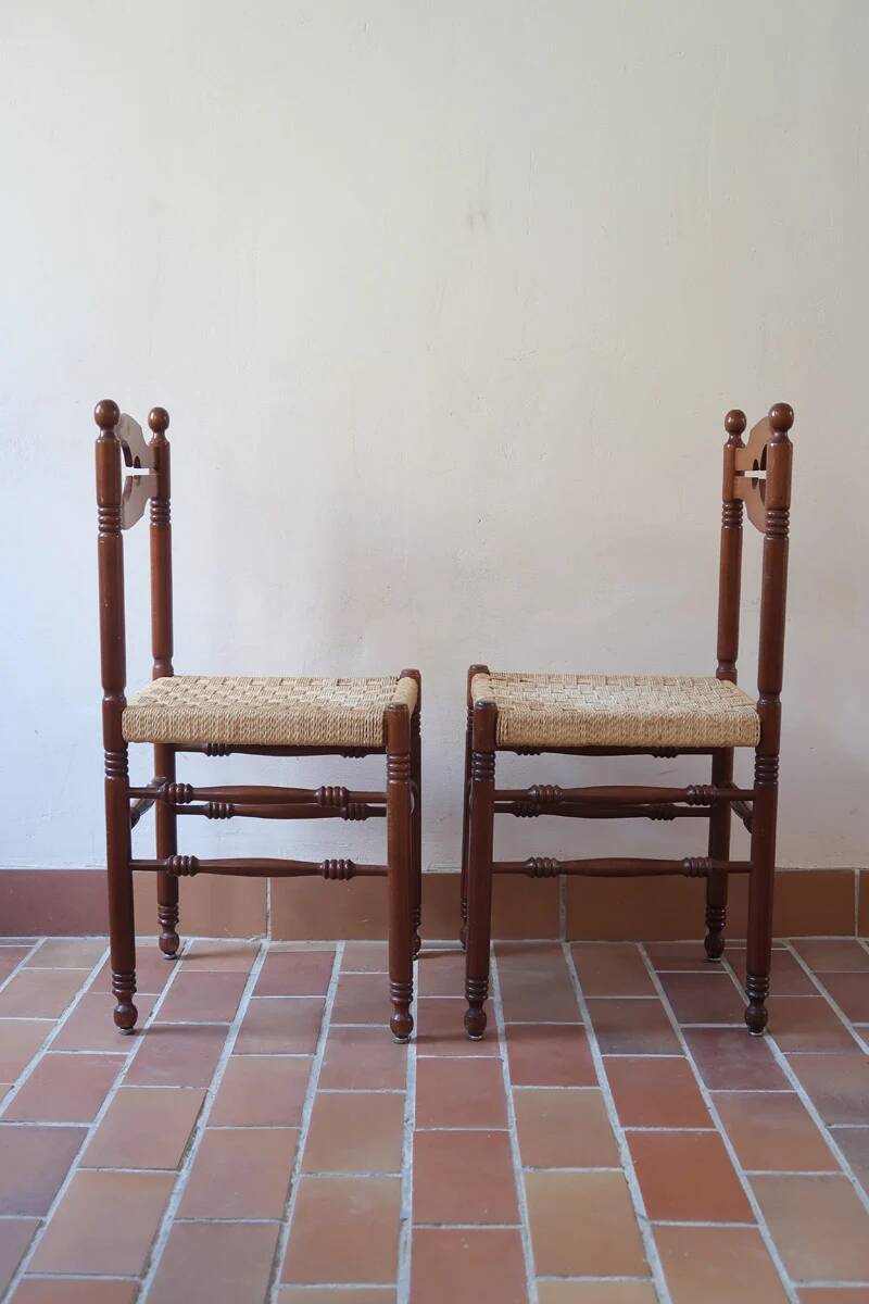 2 chaises rustiques vintage en bois tourné, années 70