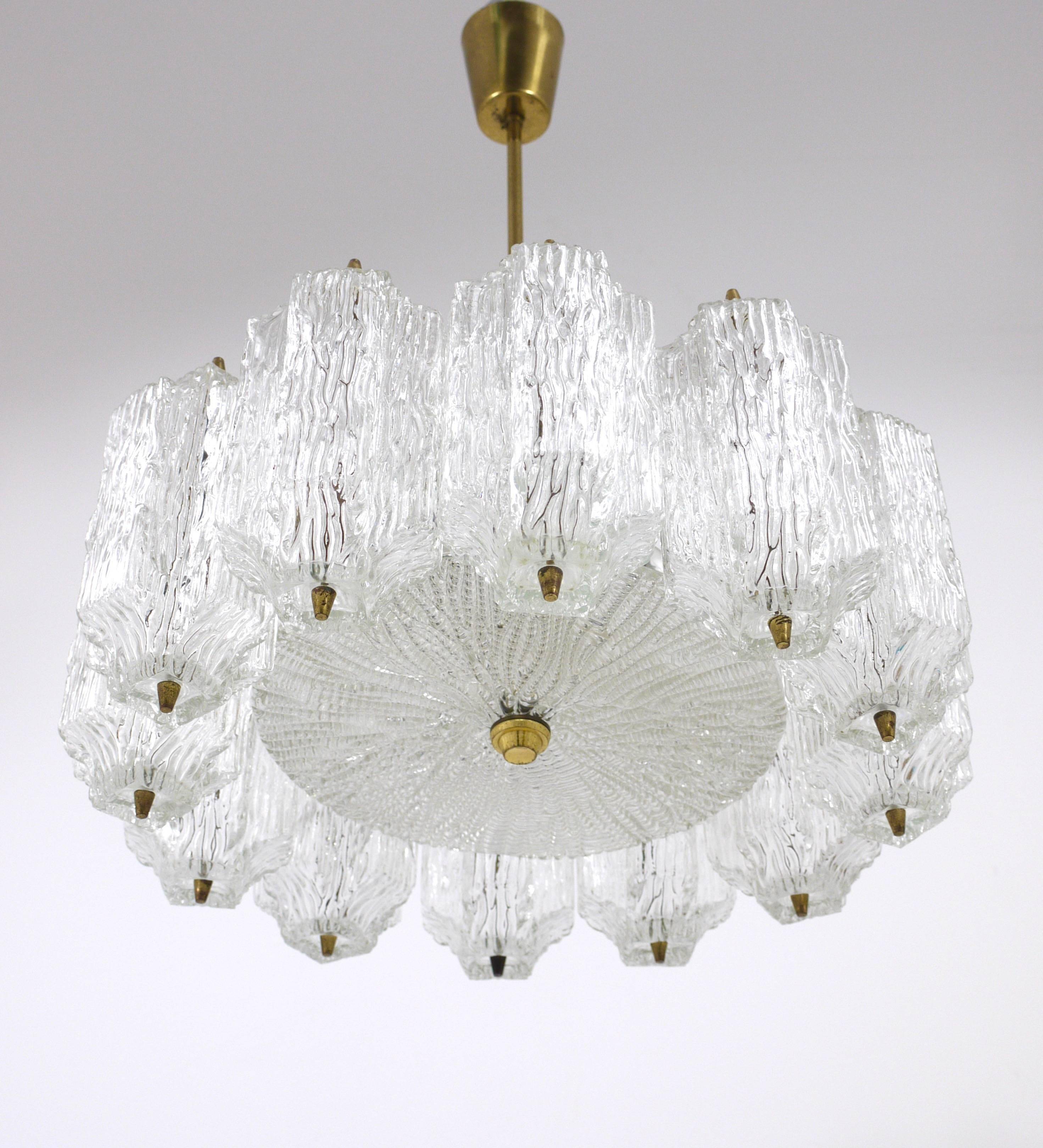 J.T. Kalmar brass chandelier with textured ice glass, Austria, 1950s