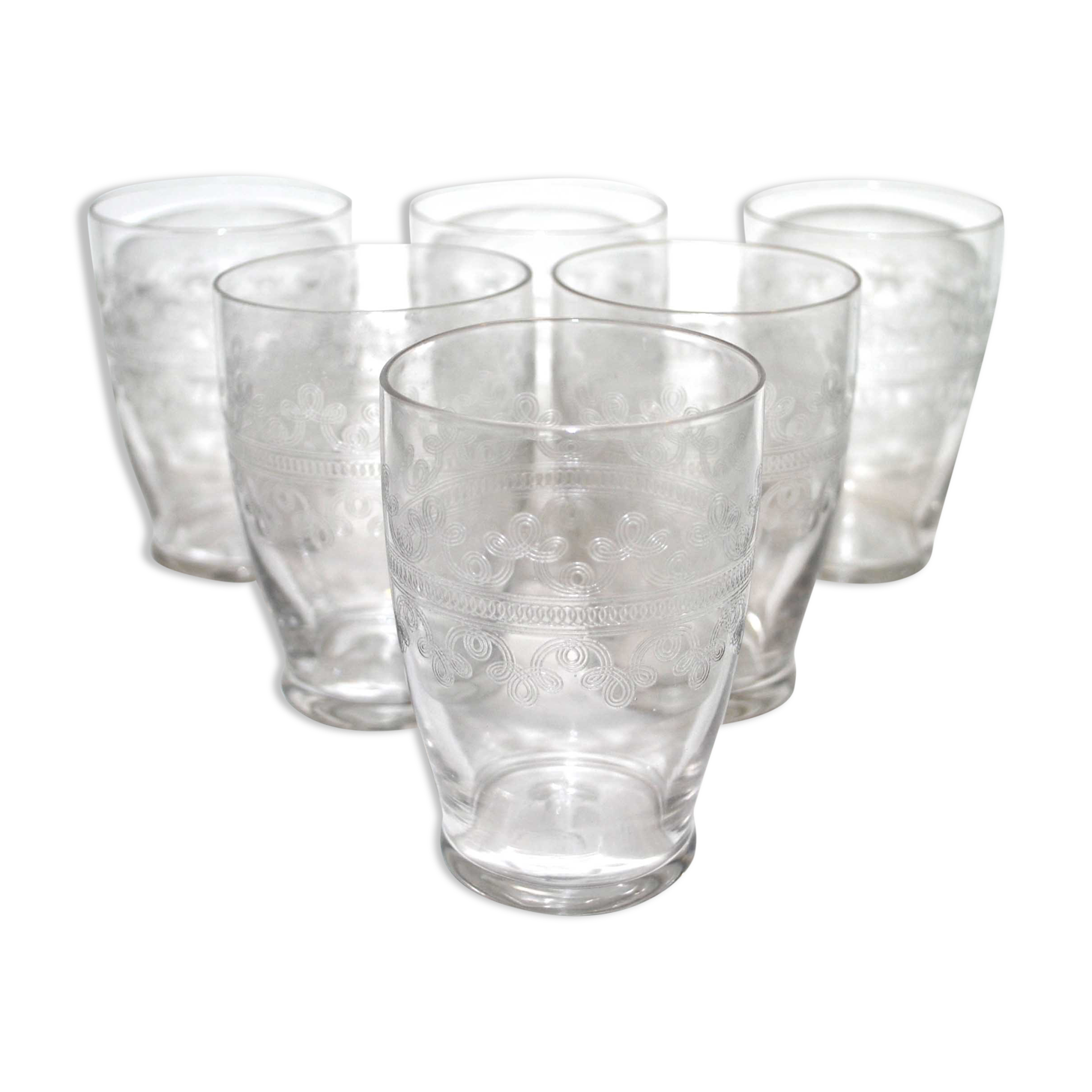 Series of 6 glasses cups 1920 in crystal engraved guilloché in pantogravure 9.2Ht