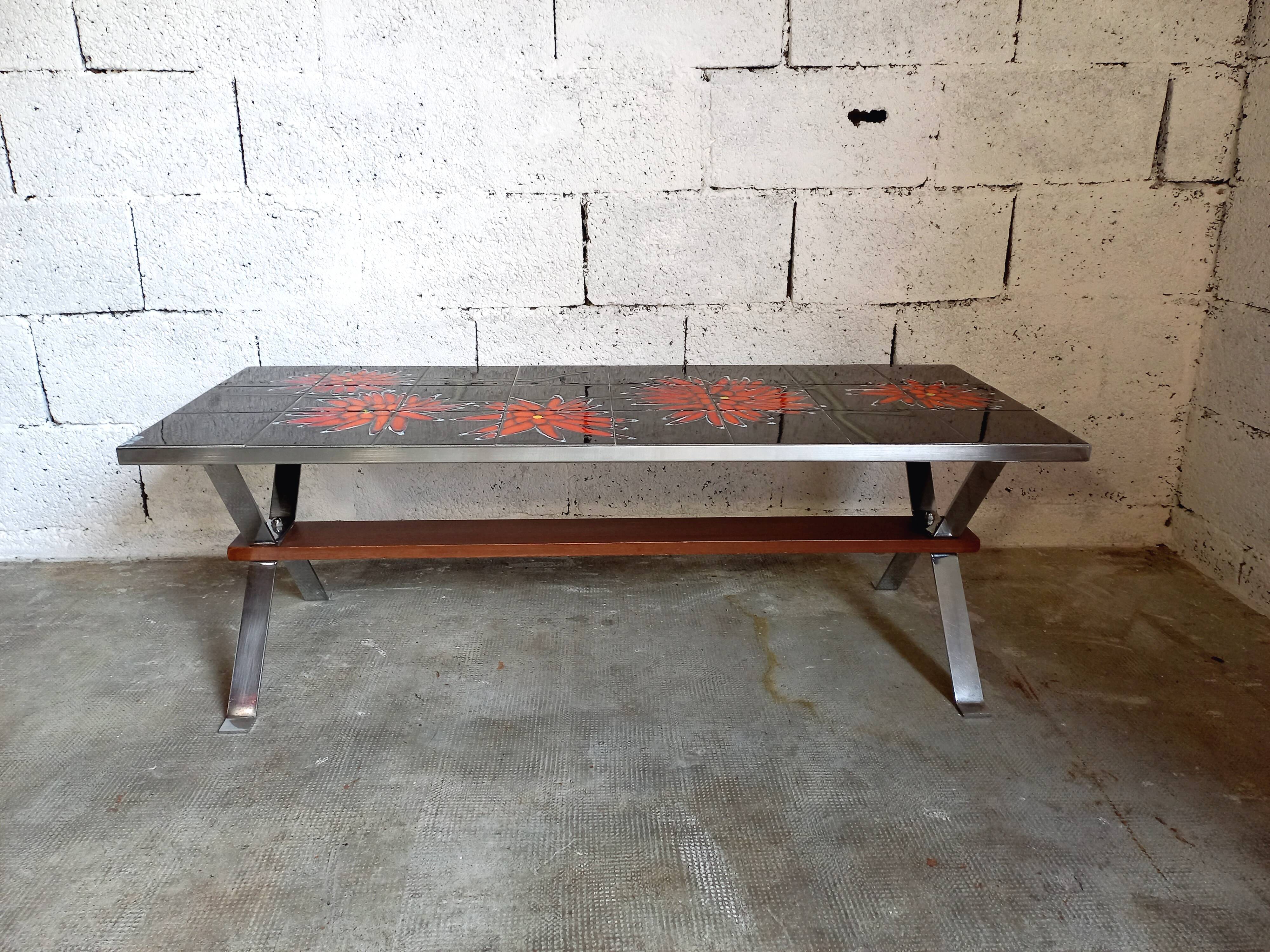 Vintage 70s coffee table in ceramic, chrome metal and wood, signed Adri