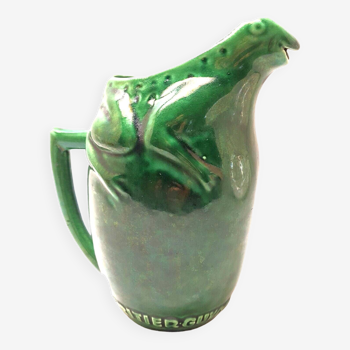 Old advertising pitcher l heir guyot slip decorations vintage frog