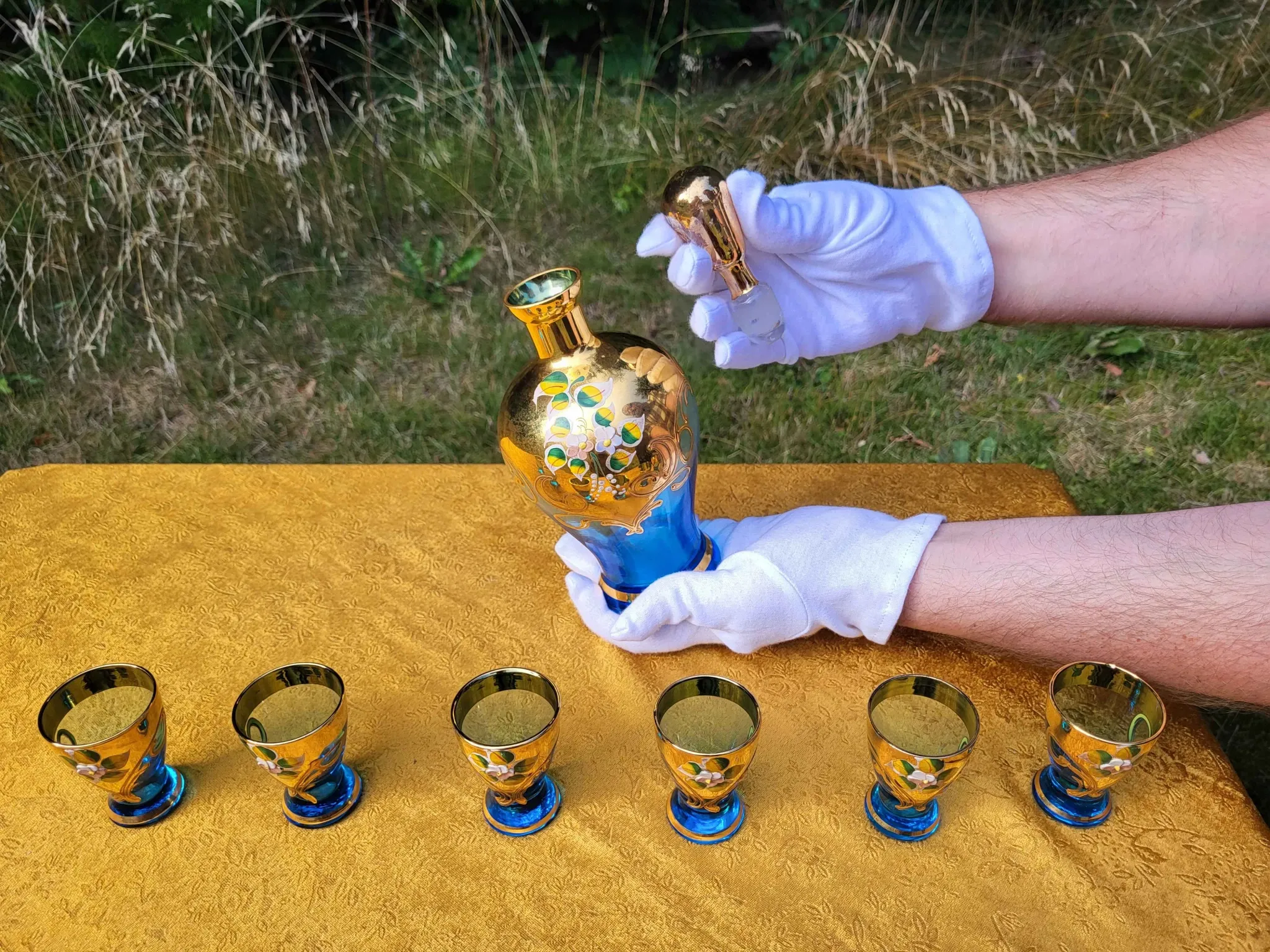 Vintage Murano Handmade Decanter Set - 24K Gold - Light blue 6 piece liquor
