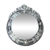 Miroir Vénitien rond ancien en verre gravé