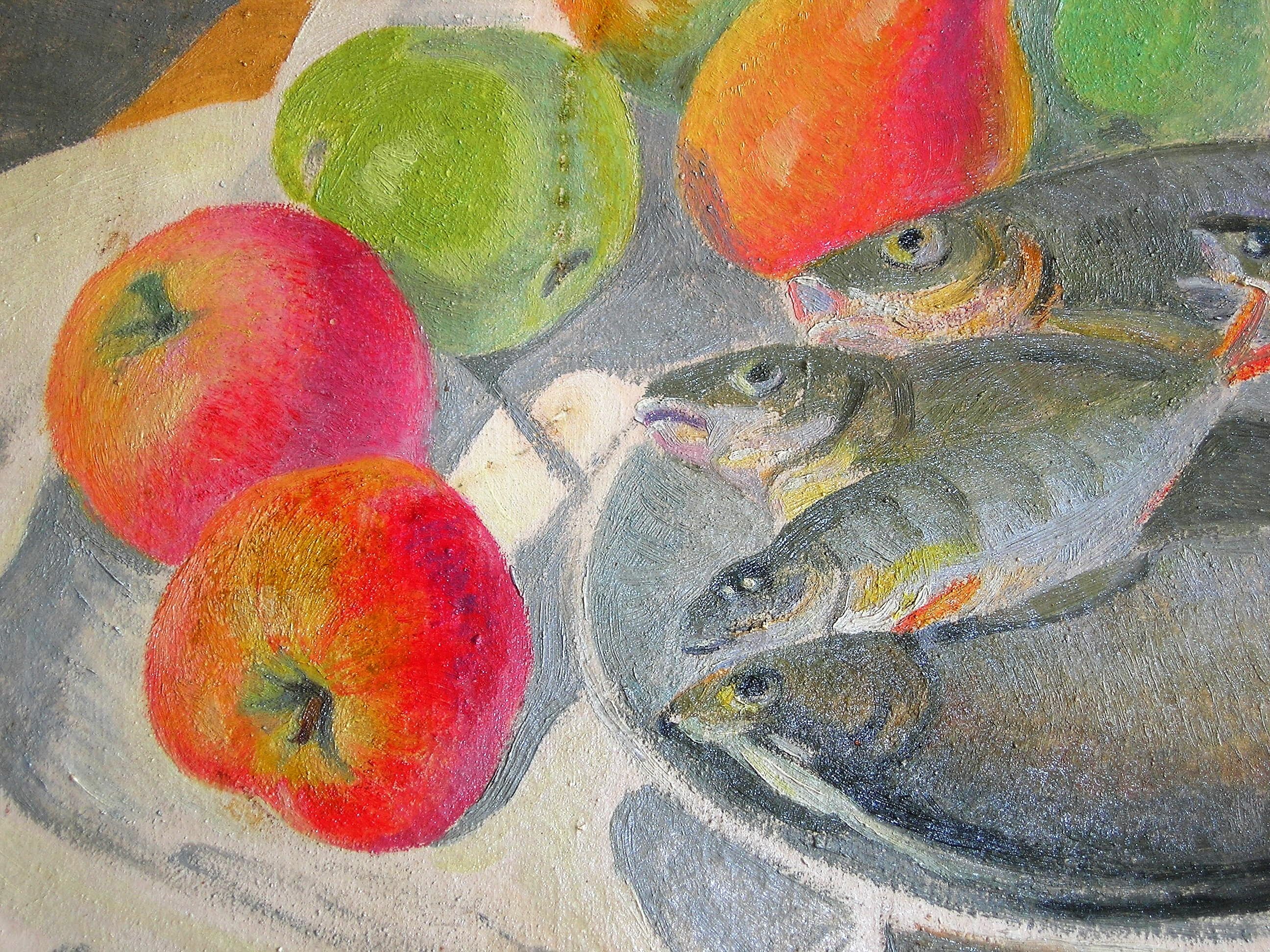 Still life with fish and fruit by Robert Vignoux (XXth)