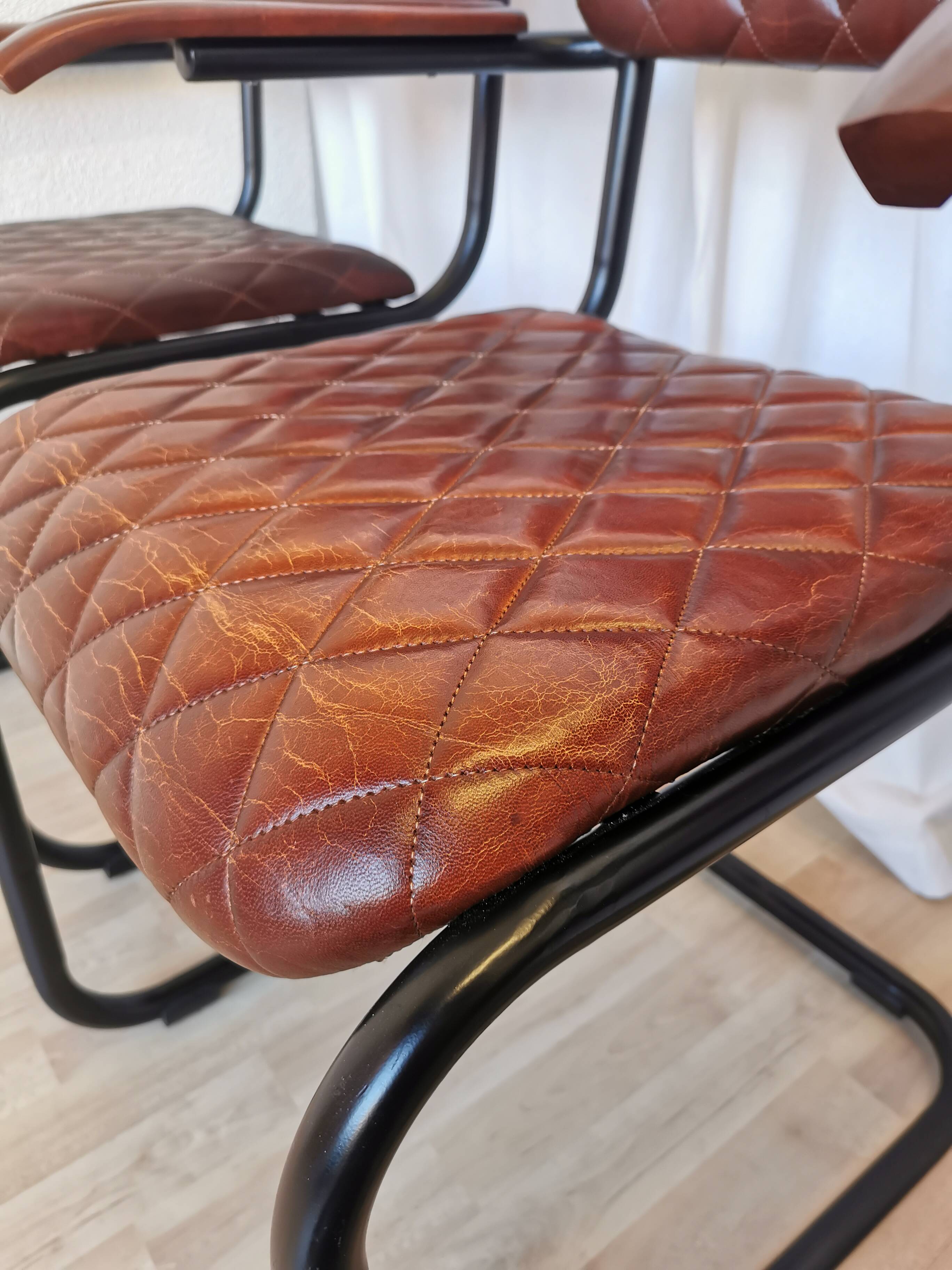 Set of 4 Vintage Quilted Leather Dining Chairs: Black Metal Base