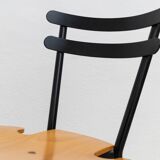 Set of 3 Italian mid-century chairs in black steel frame and natural wood seats - stackable, 1970s