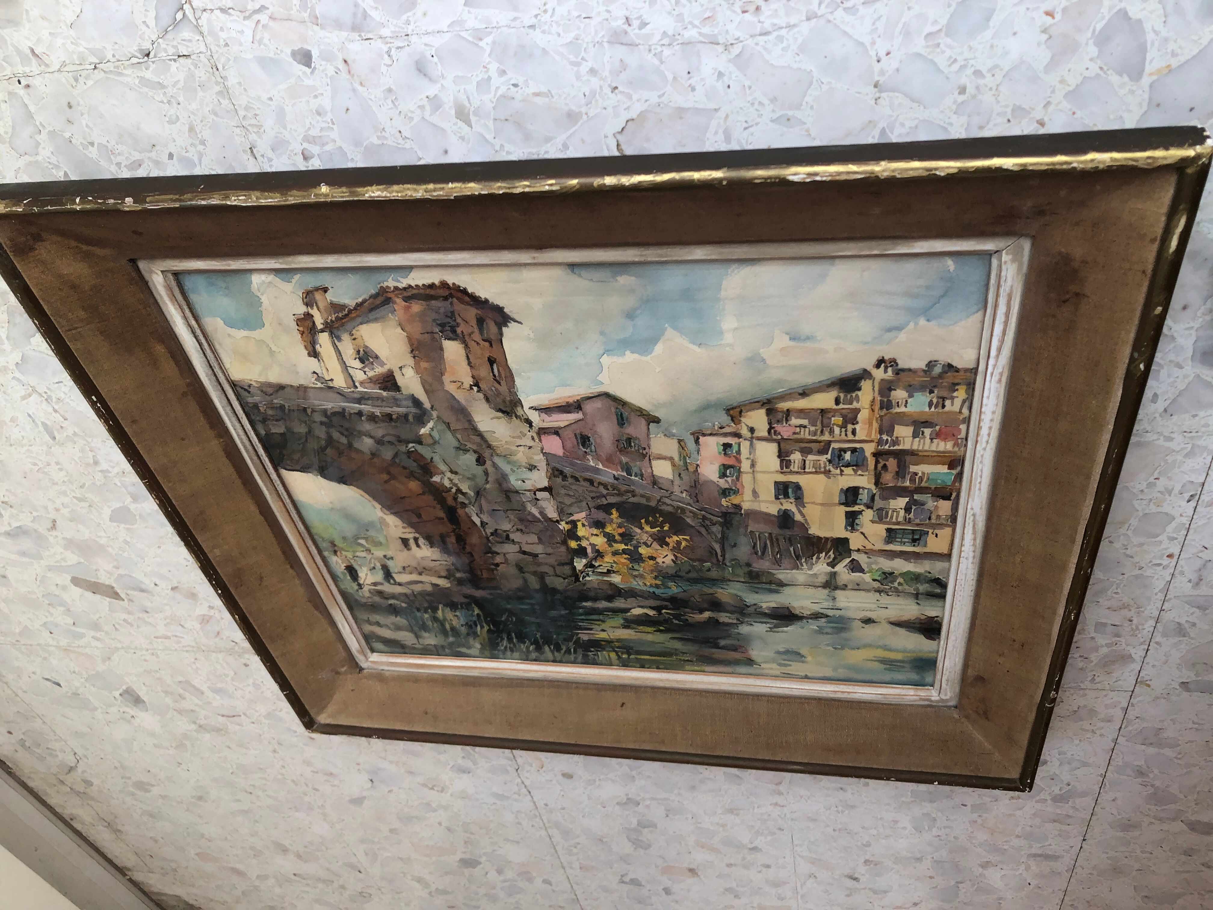 Watercolor bridge over the bevera in sospel by georges chappuis 1940, alpes maritimes 06, painting frame