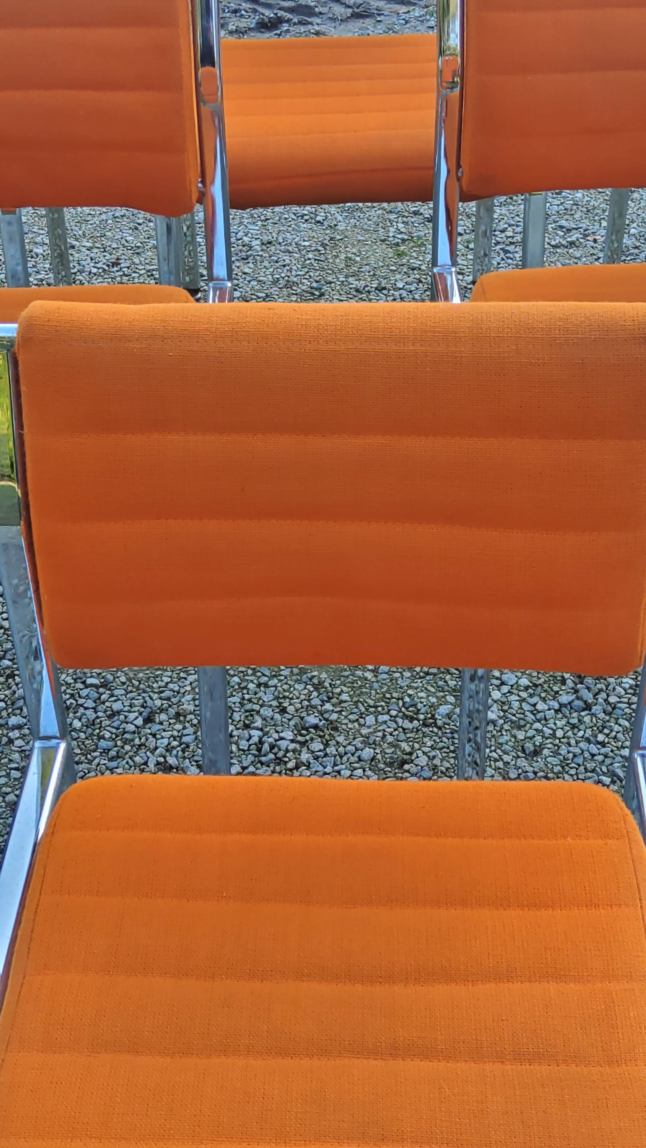 Set of 6 designer chairs from the 70s orange fabrics and chrome tubes