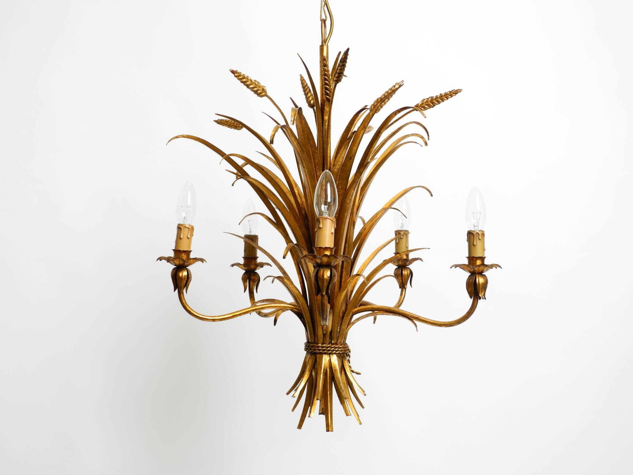 Beautiful huge 1970s gold-plated 5-arm tall metal chandelier by Hans Kögl