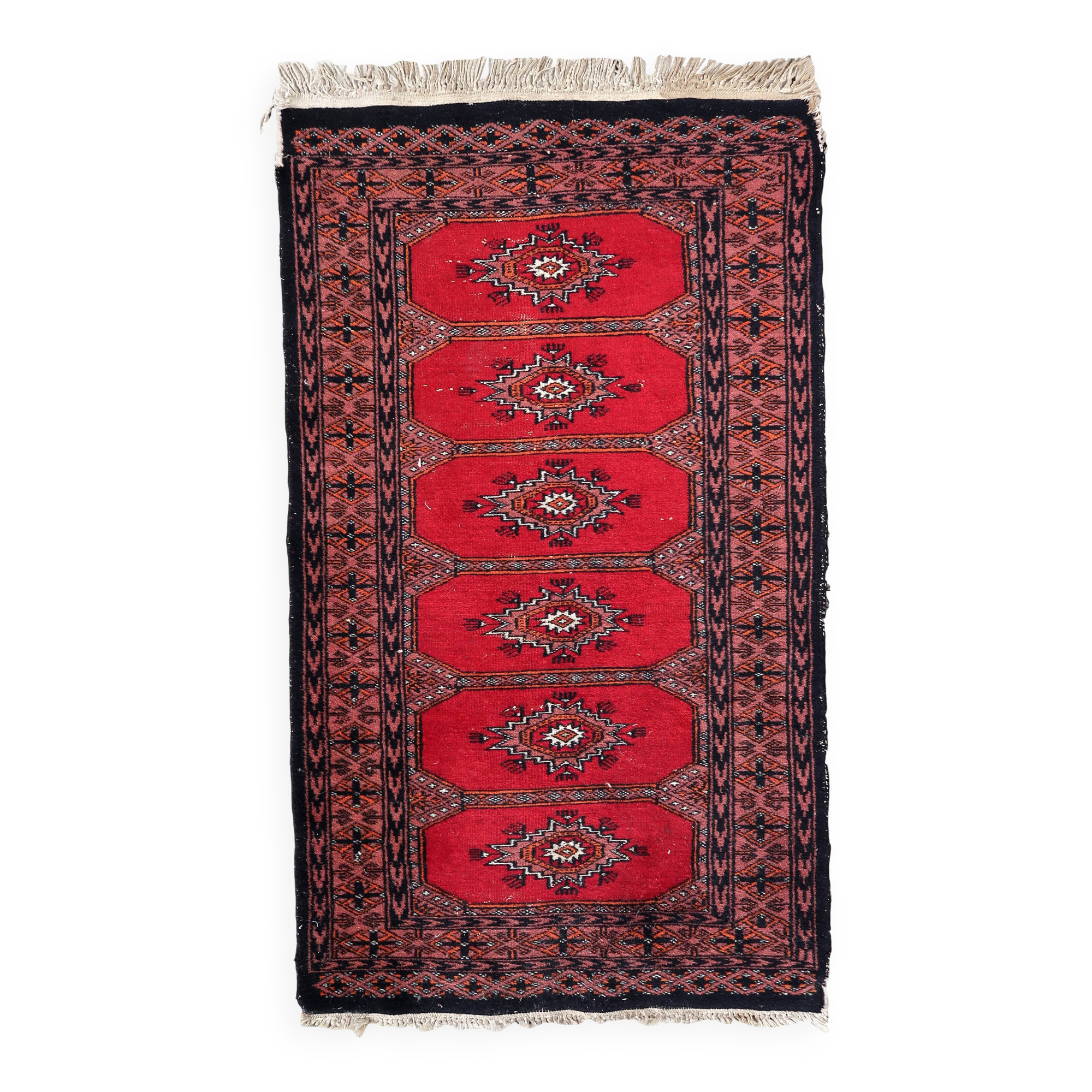 Tapis vintage ouzbek Bukhara fait main en laine – 62 x 106 cm – Années 1970