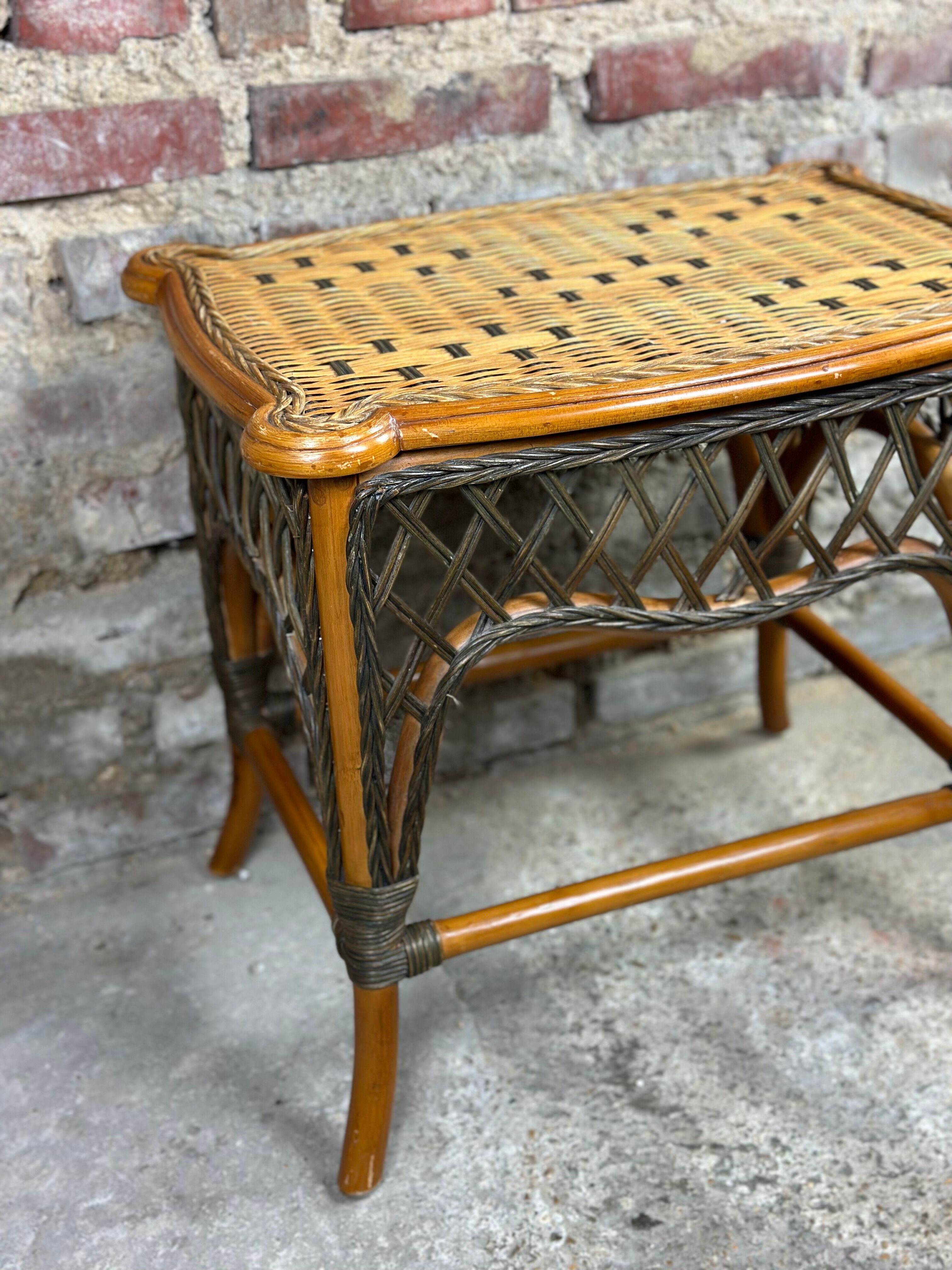 Vintage bamboo and rattan side table braided 1960
