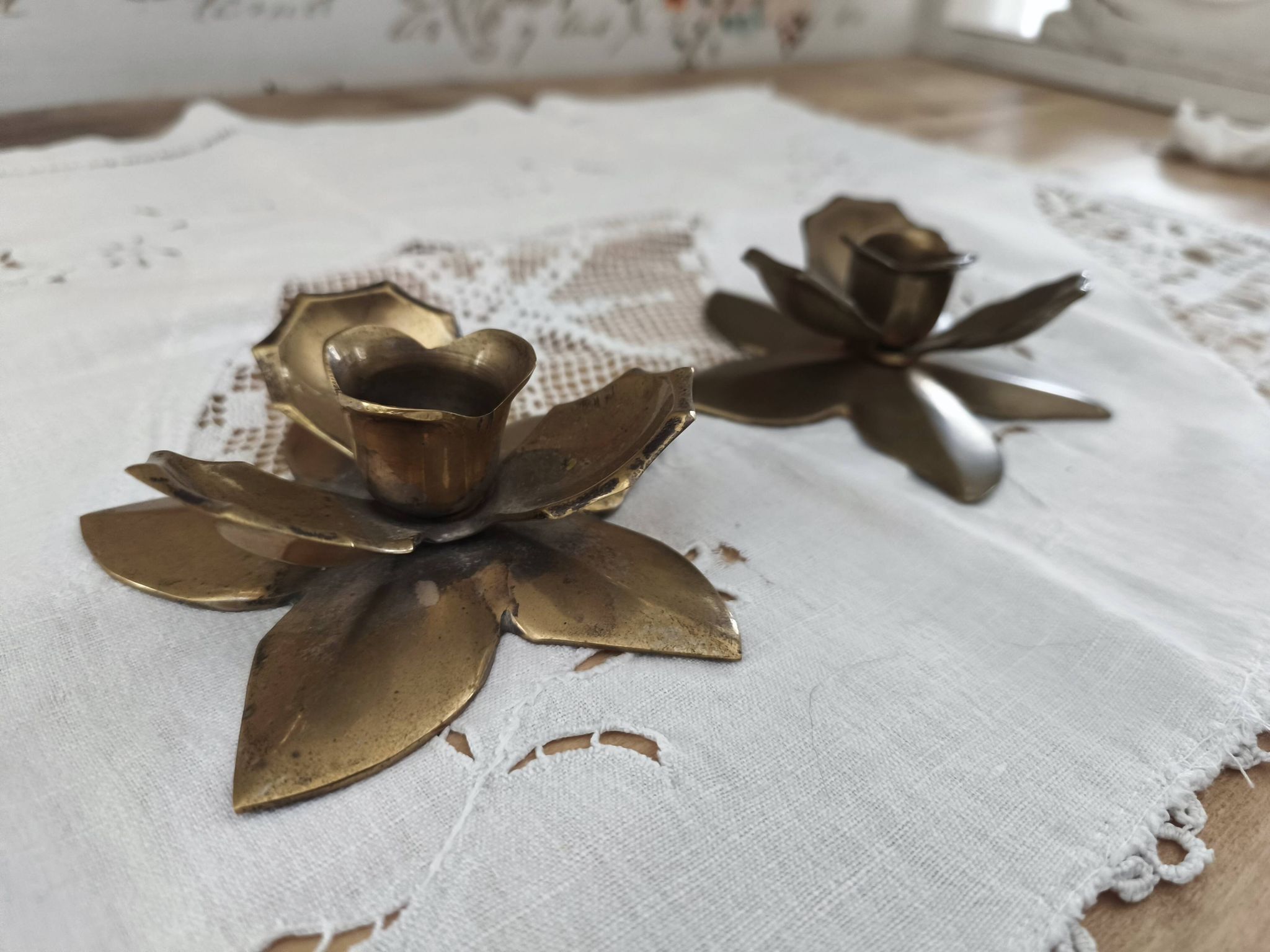 Set of 2 vintage brass flower candle holders NIJHOF Holland