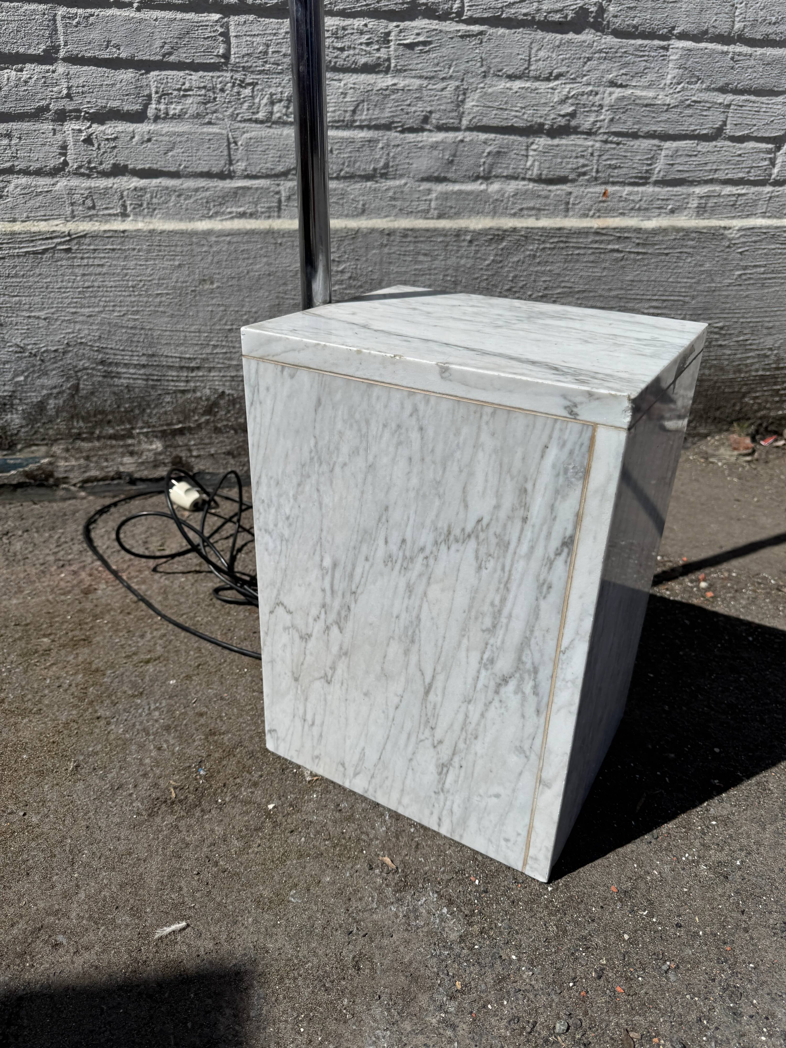 Oversized White Marble & Chrome Arc Floor Lamp — 1970s Italian Aluminum Dome