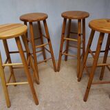 Set of 4 midcentury vintage high pine bar stools