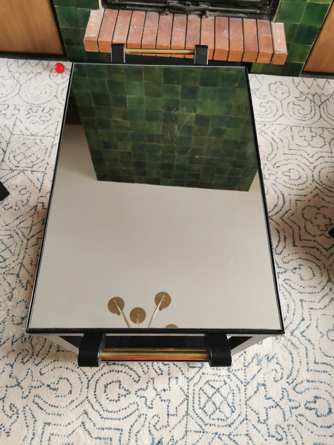 Art Deco wooden mirror and brass rolling service
