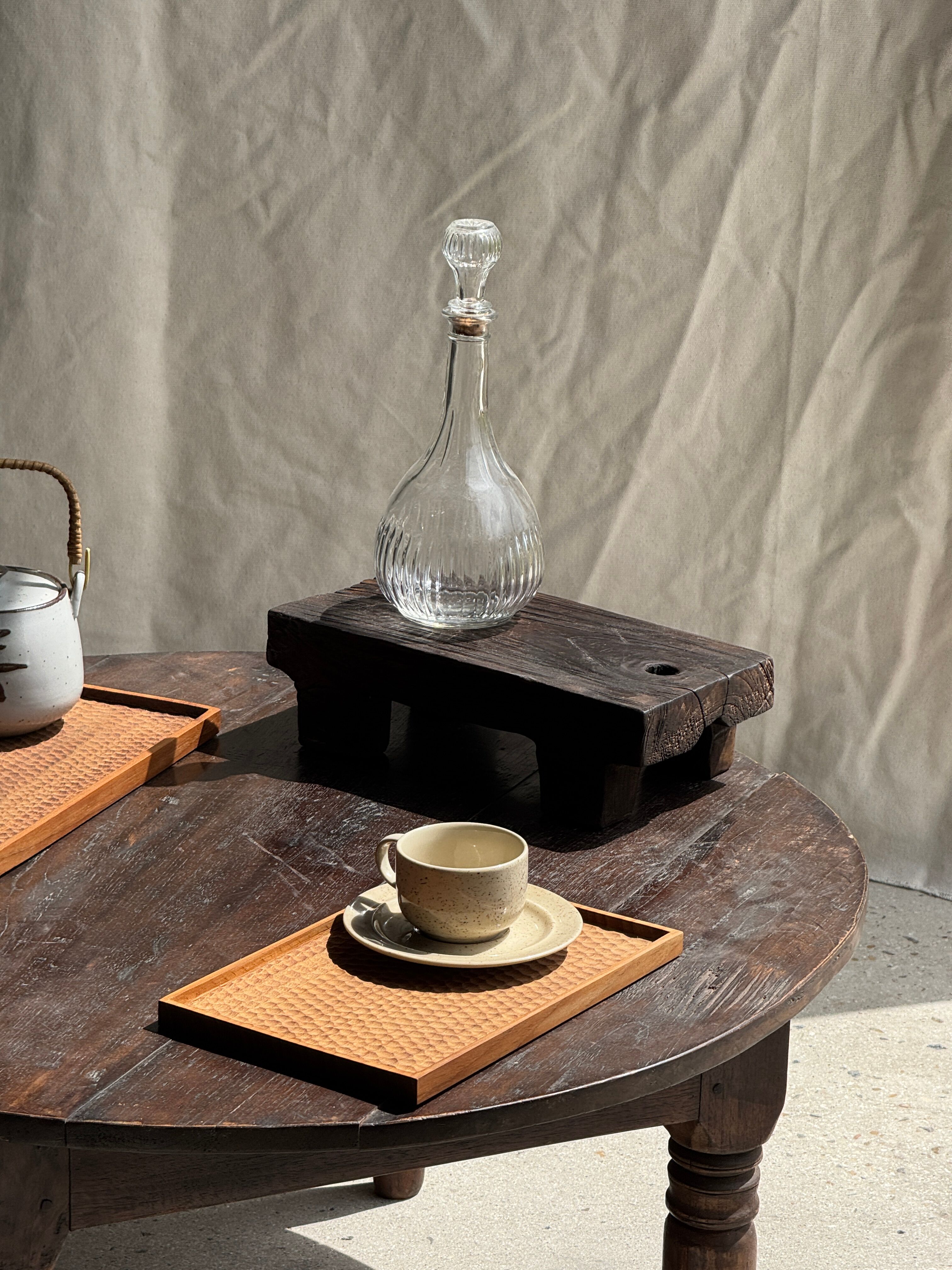 Rectangular solid teak plateau with carved edges 27x18.