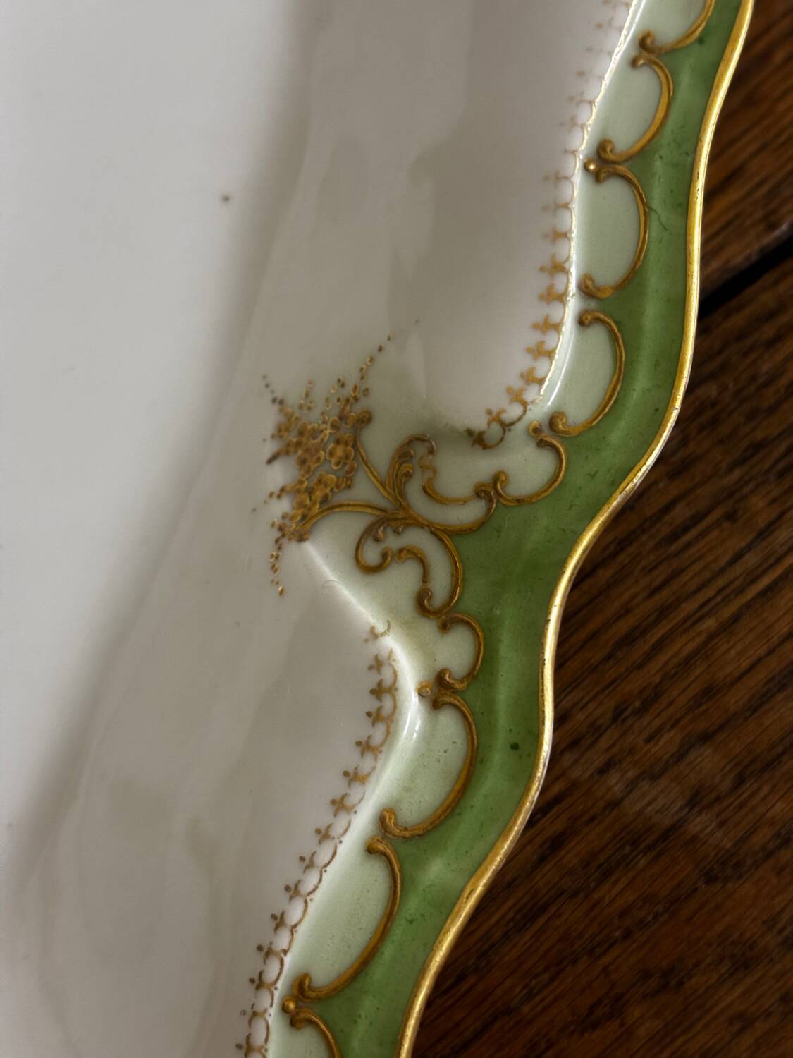 Vintage large rectangular green serving platter with Limoges gilt trim