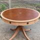 Round extendable table in Empire style, renovated with Bordeaux leather and raw wood, 168cm.