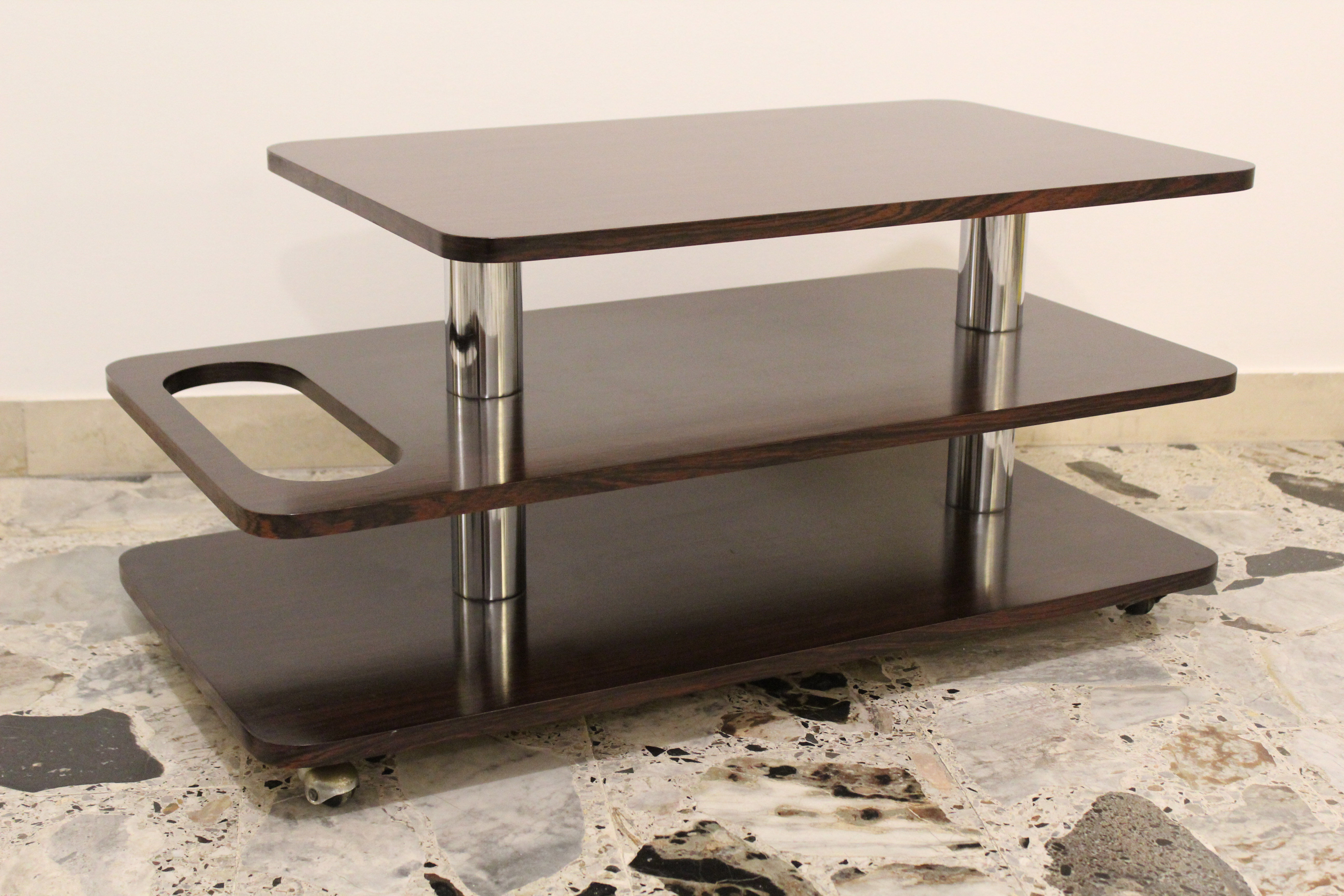 Coffee Table-Bar low laminate rosewood and chromed metal, Italy 70's